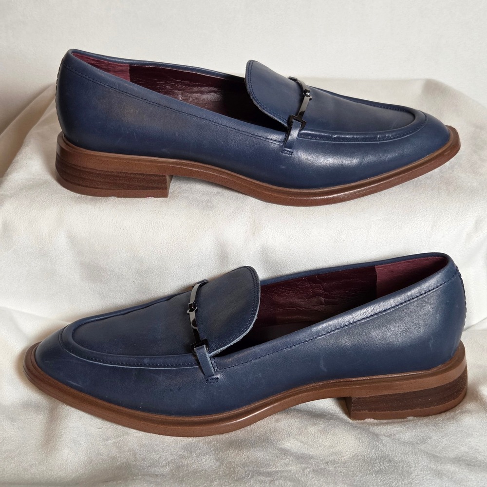 Franco Sarto Navy Blue Womens 8M Leather Loafers Horsebit Preppy Academia - Picture 3 of 9